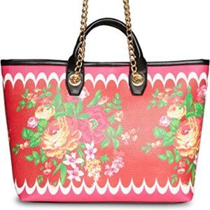 Betsey Johnson Red Roses Double Handle Gold Chain Tote Satchel Shoulder Bag NWT